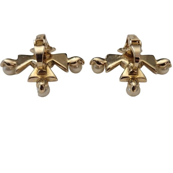 Trifari Gold Tone Clear Rhinestone Faux Pearl Maltese Cross Clip Earrings, M1003 - Picture 3 of 9